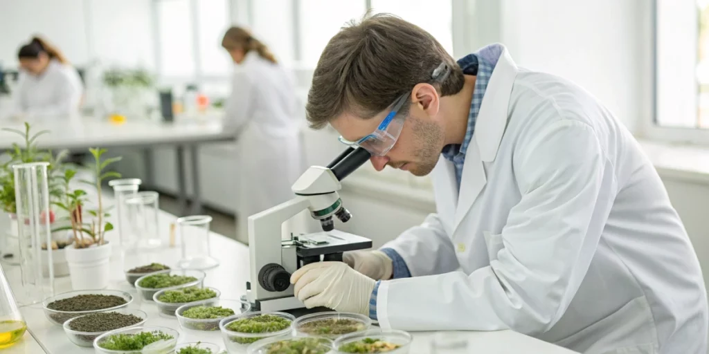 Scientist examining triploid cannabis seeds under a microscope in a modern laboratory.