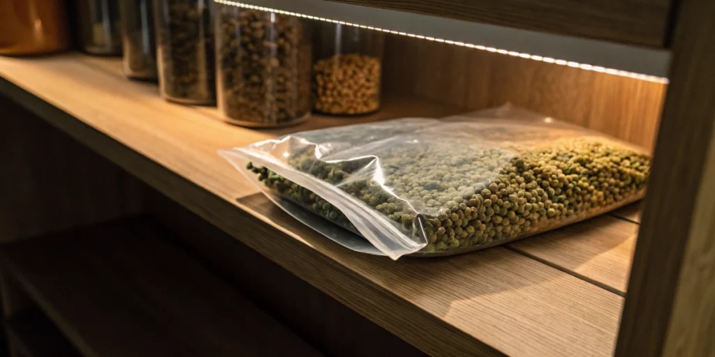 Vacuum-sealed pouch for cannabis seed storage on wooden shelf