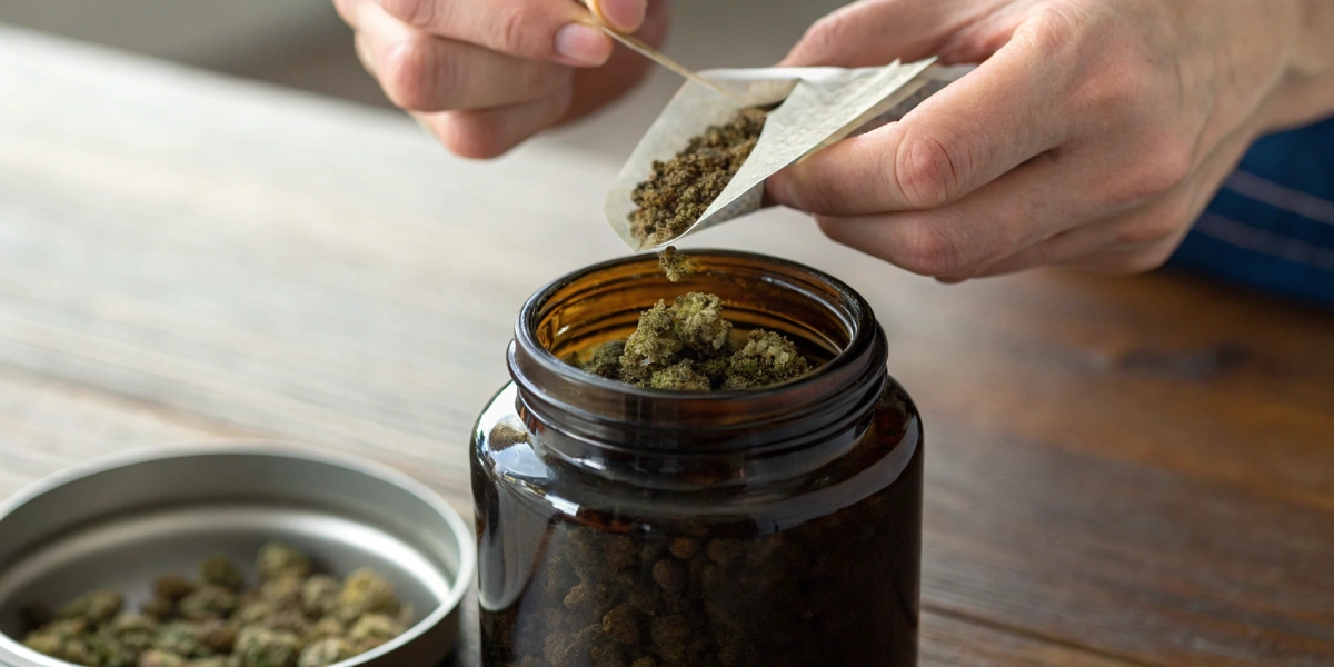 Hand storing cannabis seed storage jar with desiccant pack