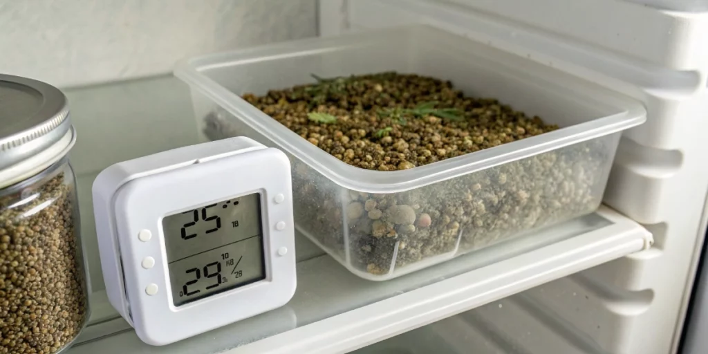 Digital hygrometer monitoring cannabis seed storage humidity