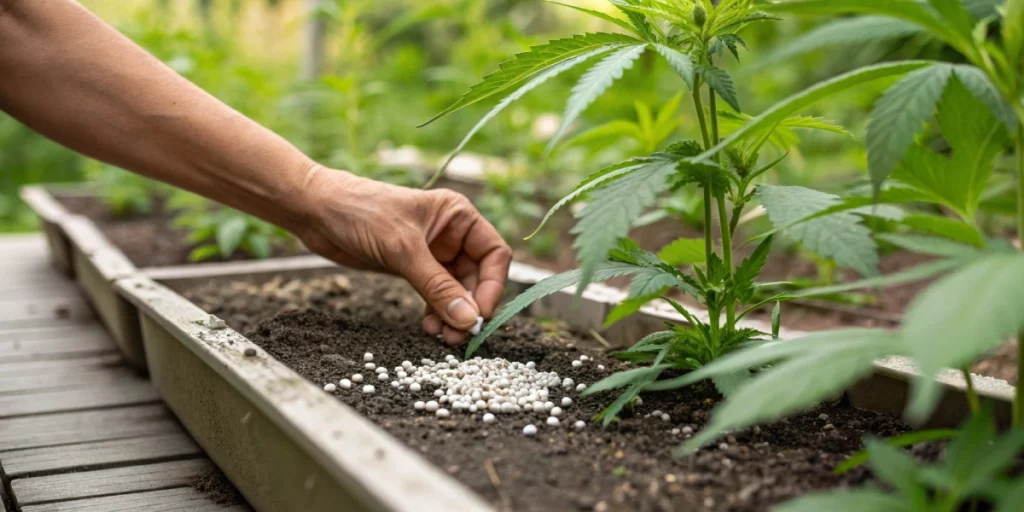 Hand planting white cannabis seeds into a prepared garden bed among green foliage