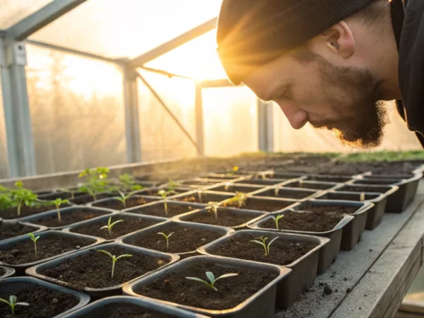 Gardener inspecting white cannabis seeds in sprouting trays under gentle morning sun