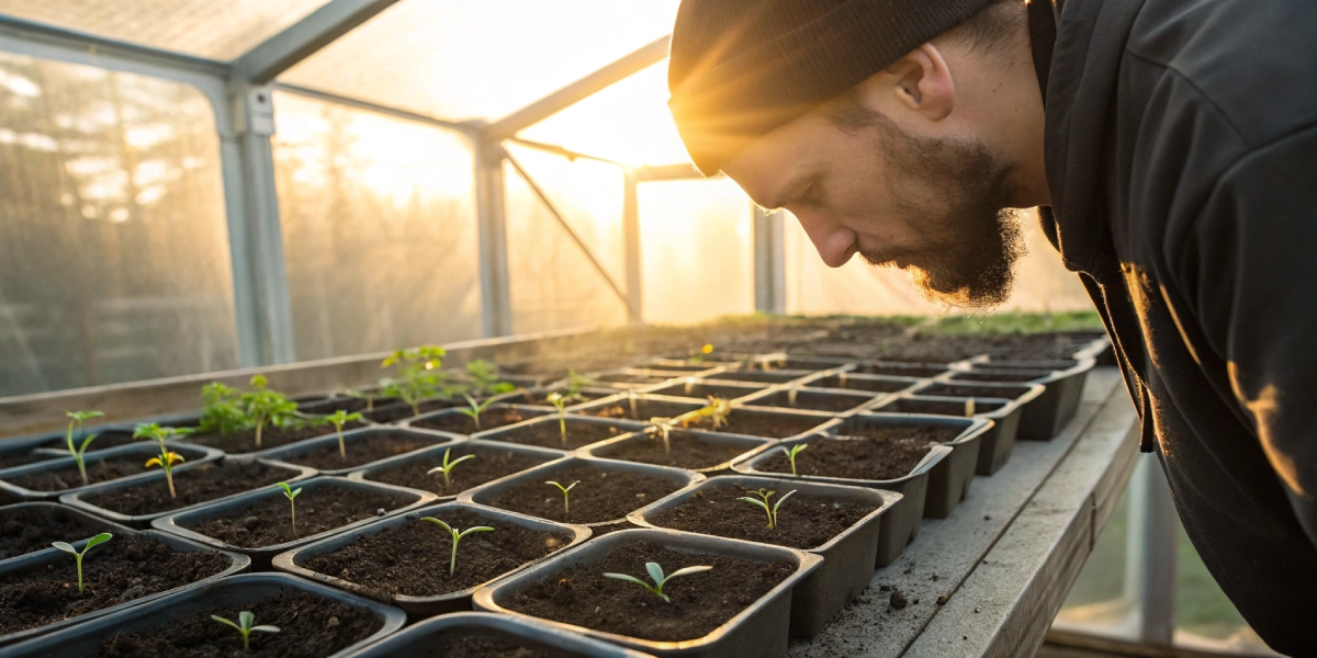 Gardener inspecting white cannabis seeds in sprouting trays under gentle morning sun