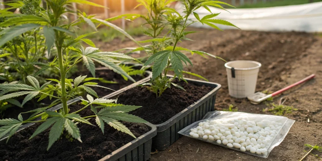 Young cannabis plants in outdoor soil with a soil test kit and white cannabis seeds packet
