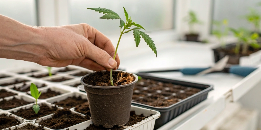 Transferring a sprout during starting cannabis seeds into pot
