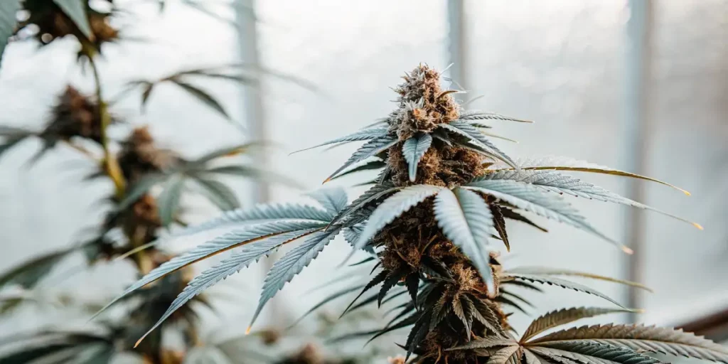 blue-tinted cannabis bud growing in a controlled indoor greenhouse environment