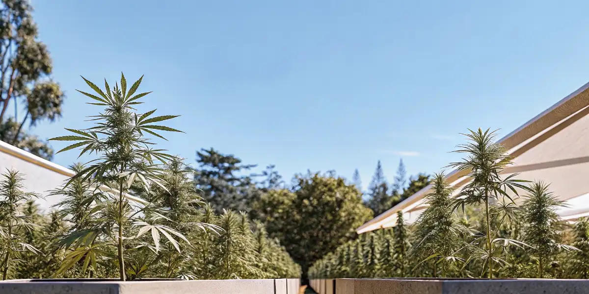 flowering cannabis plants growing in large outdoor planters under sunlight