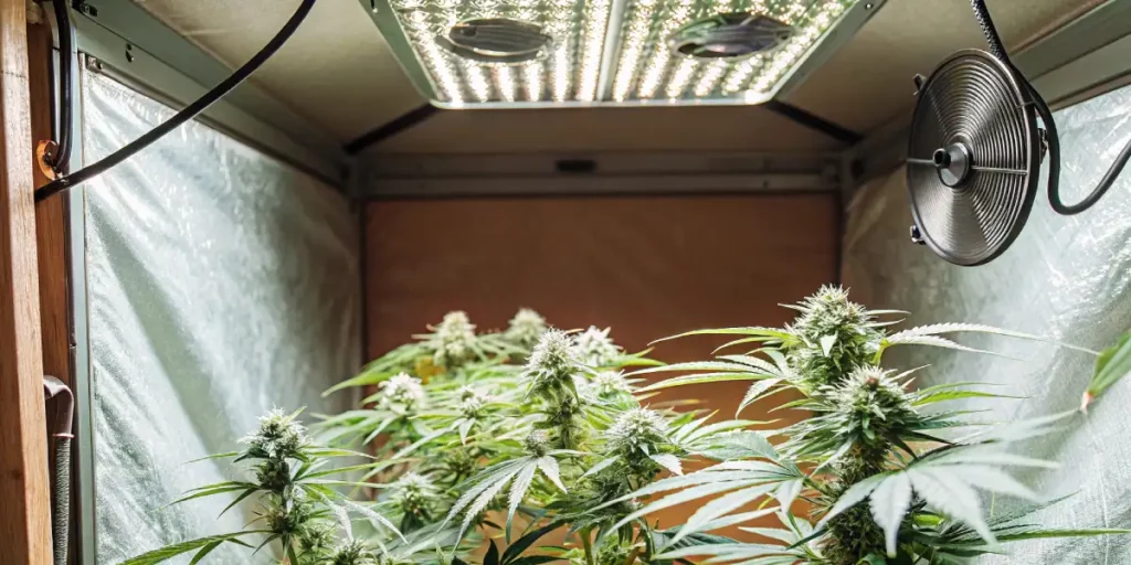 Cannabis plants thriving in a grow tent equipped with LED lighting and ventilation fans.