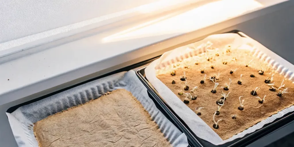 cannabis seeds germinating using the paper towel method in a metal tray near sunlight