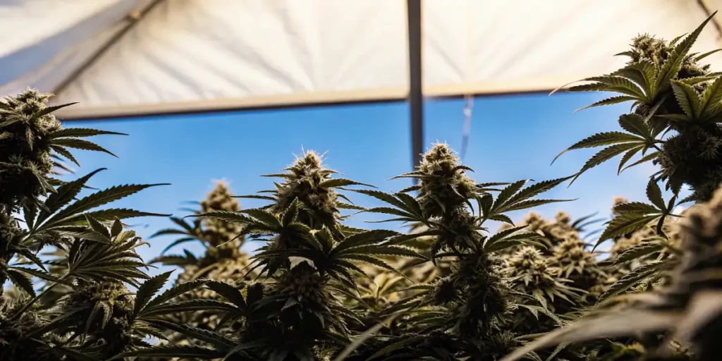Flowering cannabis plants growing inside a tent with a visible blue sky through the top opening