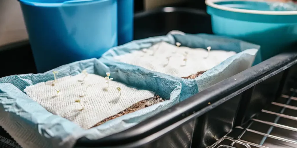 cannabis seeds germinating in a tray lined with moist towels