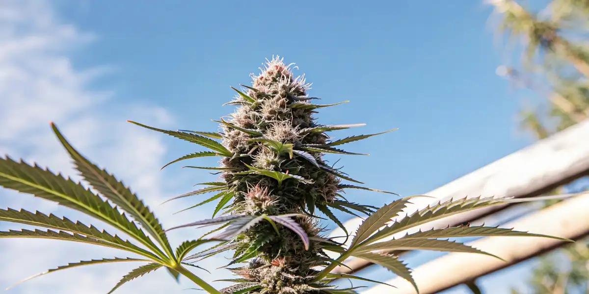 Close-up of a ripe Haze Berry Auto cannabis bud under natural sunlight