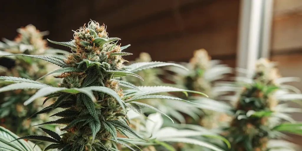 Indoor cannabis plant growing near a window with natural sunlight illuminating dense buds