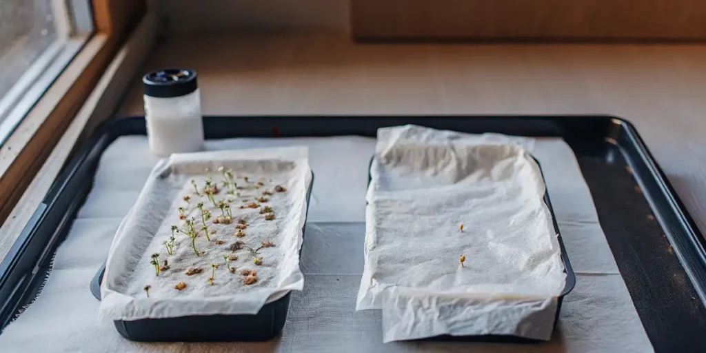 cannabis seeds germinating on moist paper near a window