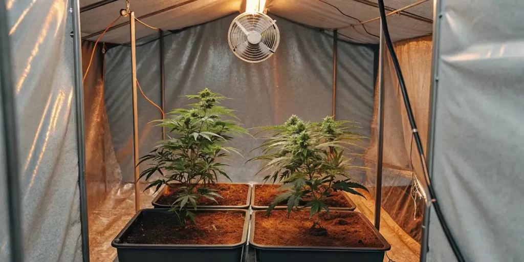 cannabis plants growing in an indoor grow tent under artificial lighting