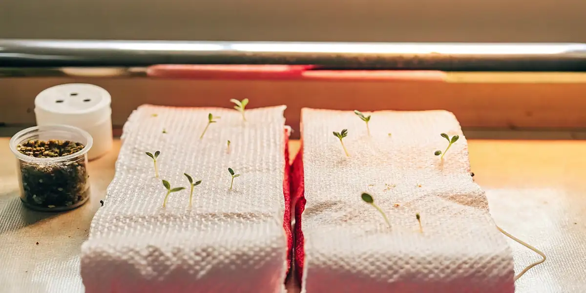 indoor cannabis sprouts growing on paper towels under artificial light
