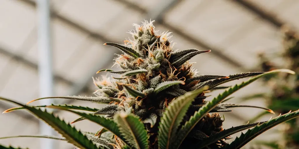 Macro shot of a frosty cannabis bud covered in orange pistils and trichomes.