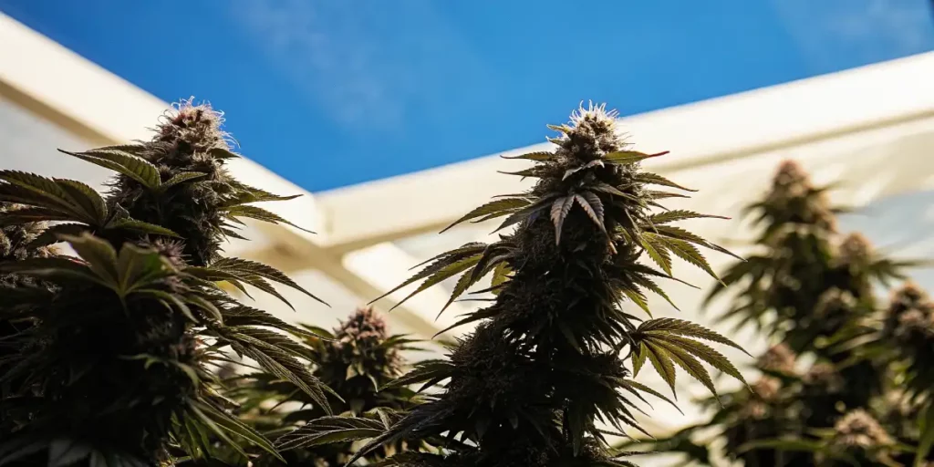 mature cannabis cola under blue sky in outdoor greenhouse