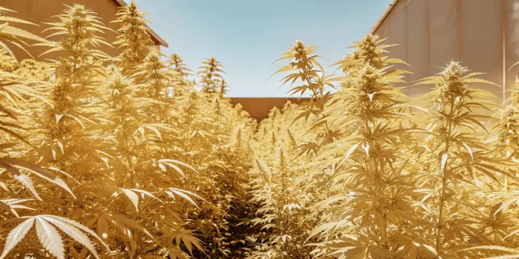 outdoor cannabis garden flourishing under bright midday sunlight