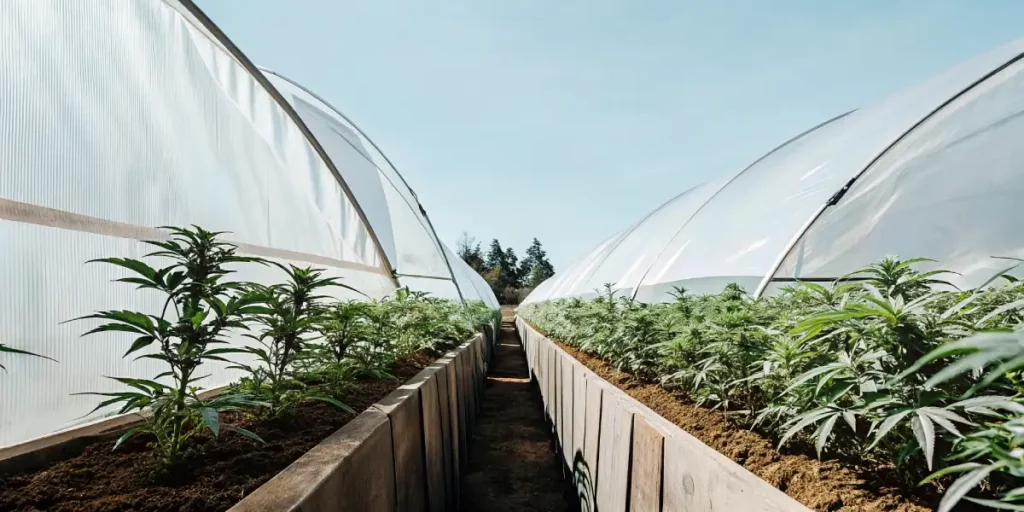 rows of cannabis plants growing outdoors in raised beds between hoop greenhouses
