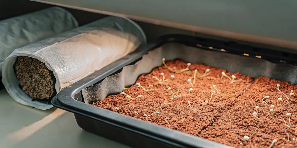 cannabis seedlings sprouting in a tray filled with moist substrate during early germination phase