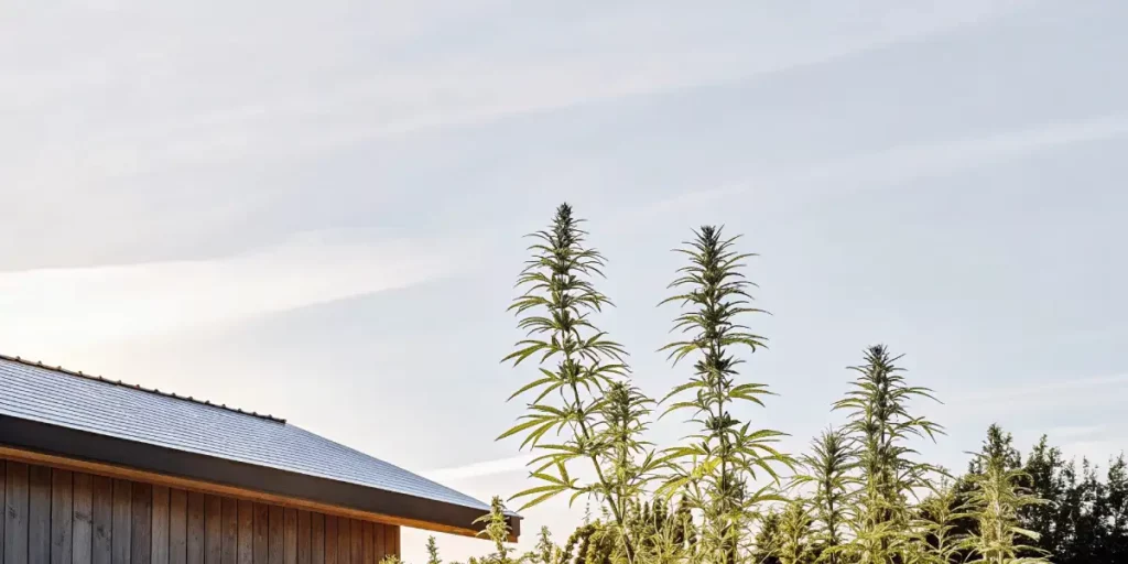 sunny outdoor cannabis cultivation with tall sativa plants near a wooden house