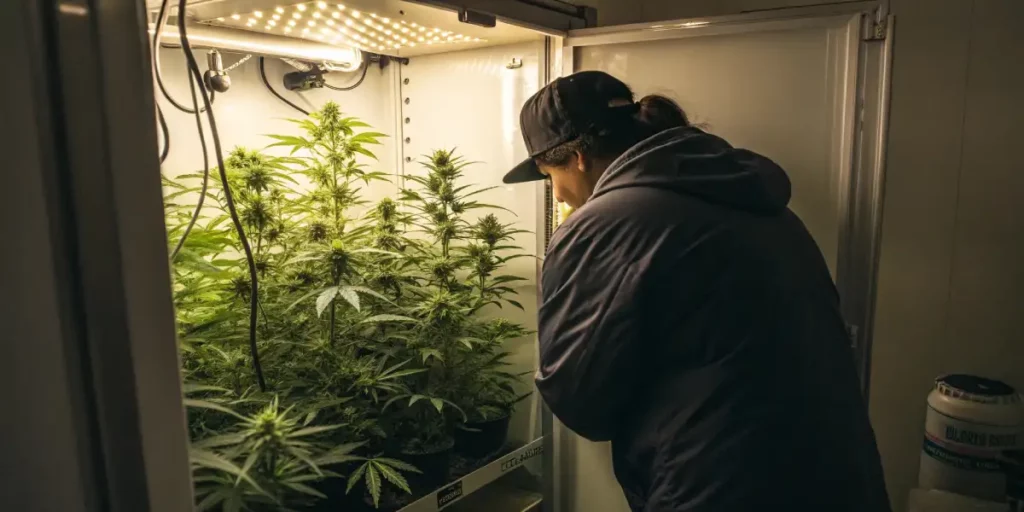 A technician closely observing cannabis plants growing inside a controlled chamber under LED lights.