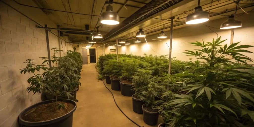 Wide-angle view of a neatly organized indoor cannabis grow room with overhead lighting and potted plants.