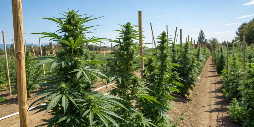 Outdoor cannabis garden featuring Fat Banana strain plants growing tall under the sun.