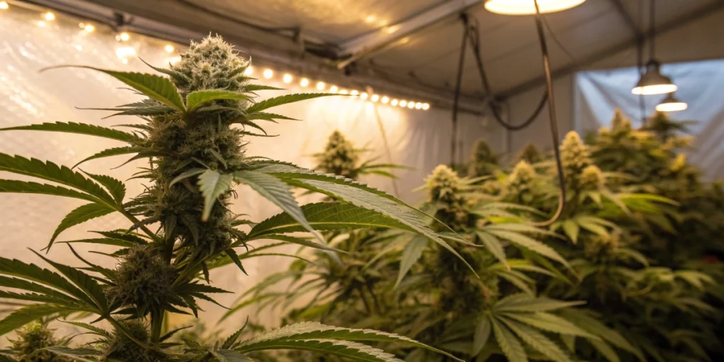 Indoor grow tent with multiple Fat Banana strain plants in full bloom under LED lighting.