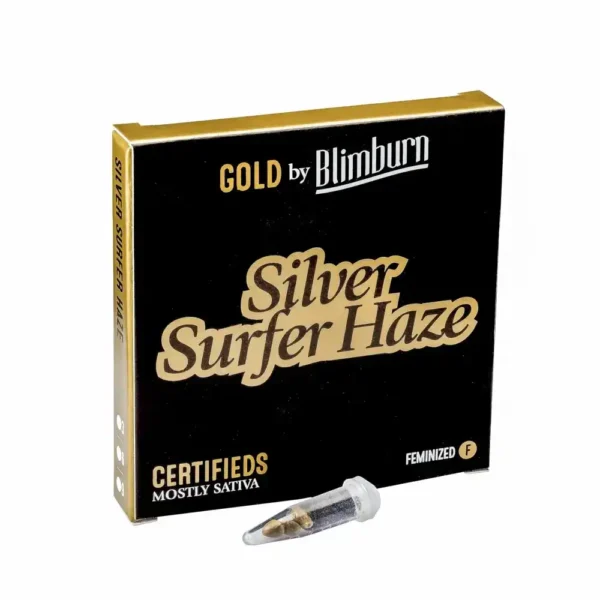 Silver Surfer Haze feminized seed packaging in black and gold with a seed vial.