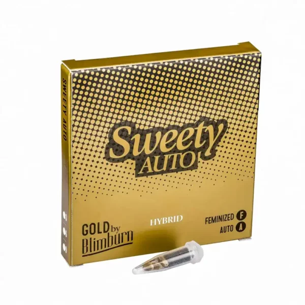Sweety Auto feminized seed packaging in gold with included seed vial.