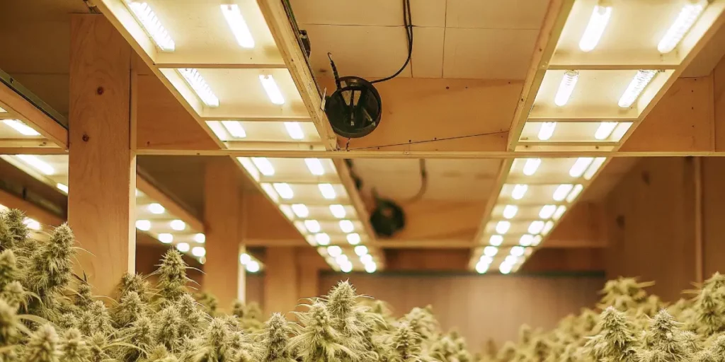 Advanced indoor cannabis grow room with LED lighting and wooden support structures