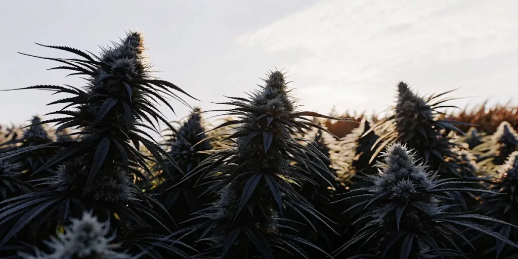 Silhouetted cannabis colas against a bright sky at sunset, with backlit resin glinting on leaves.