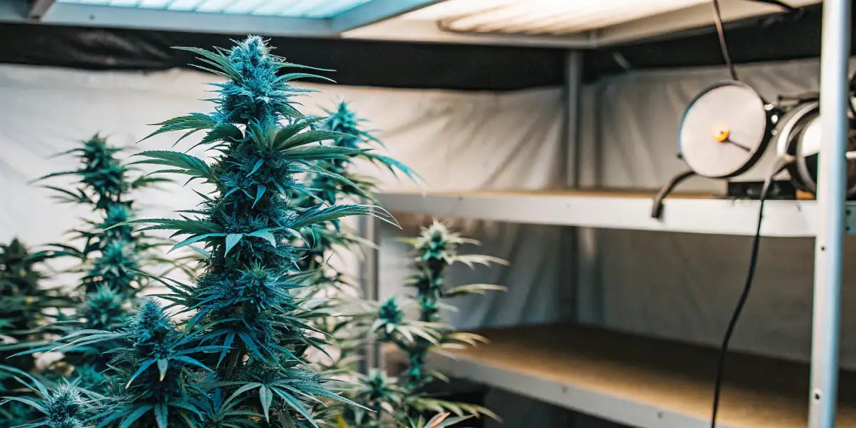 Tall Blue Gelato cannabis plants flowering under LED grow lights in an indoor setup.