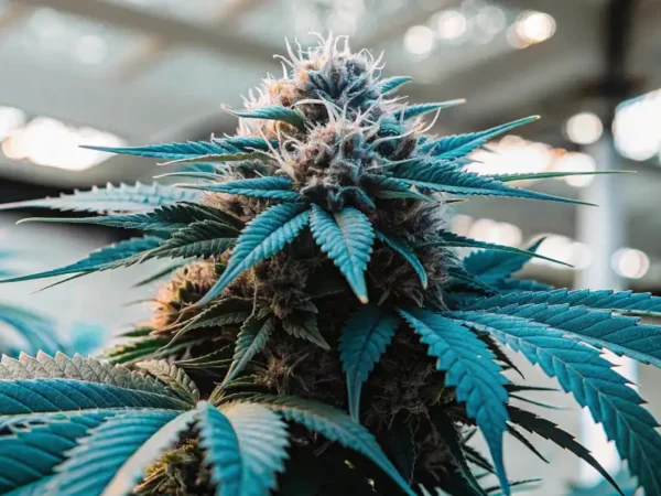 Blue cannabis plant with thick buds growing under a skylight in an indoor facility