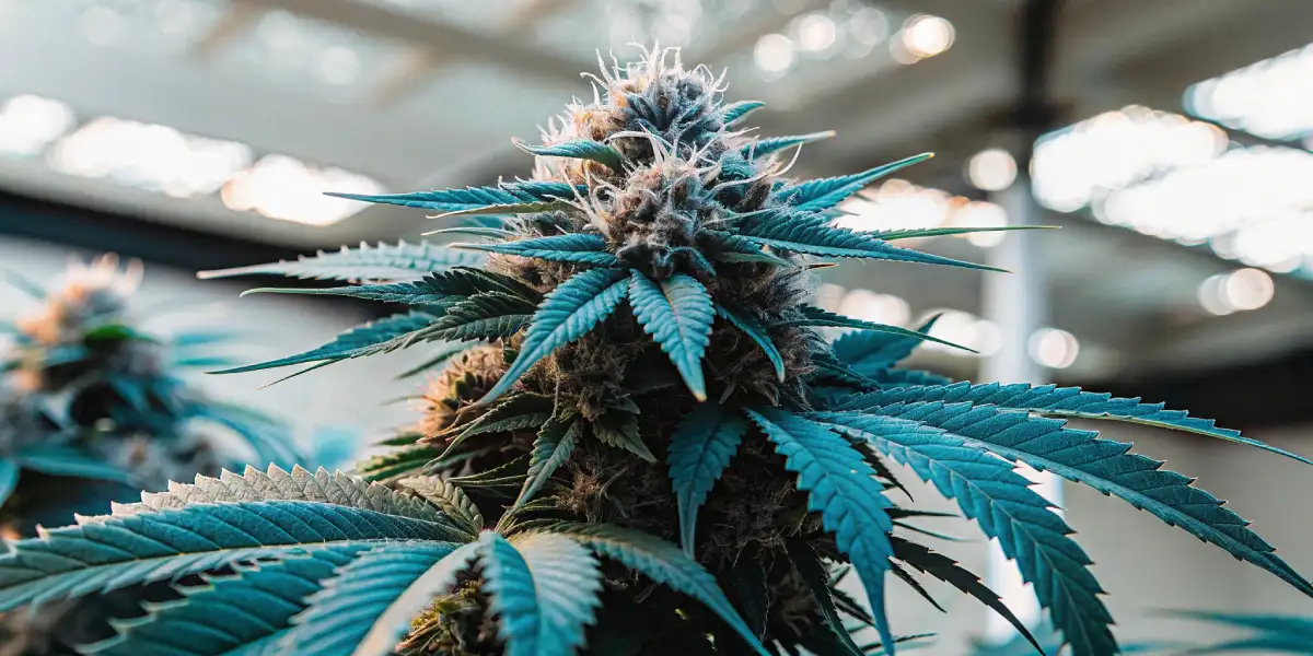 Blue cannabis plant with thick buds growing under a skylight in an indoor facility