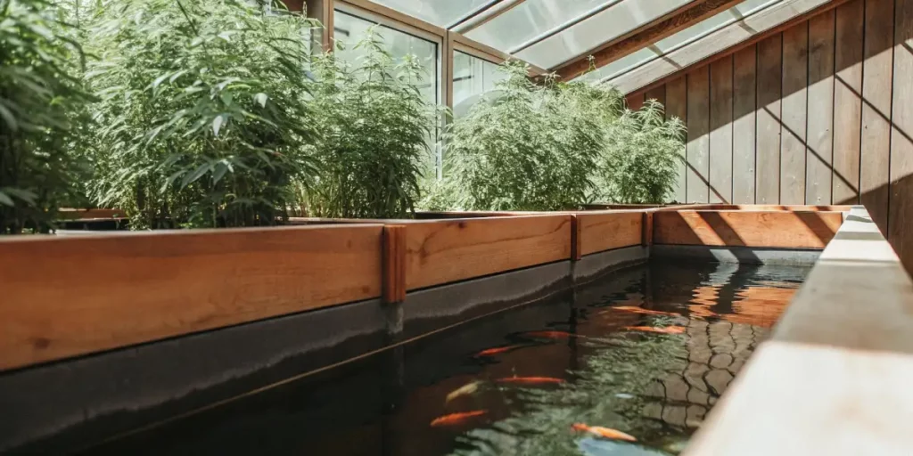 Cannabis plants growing in an aquaponics system with a visible fish tank below.