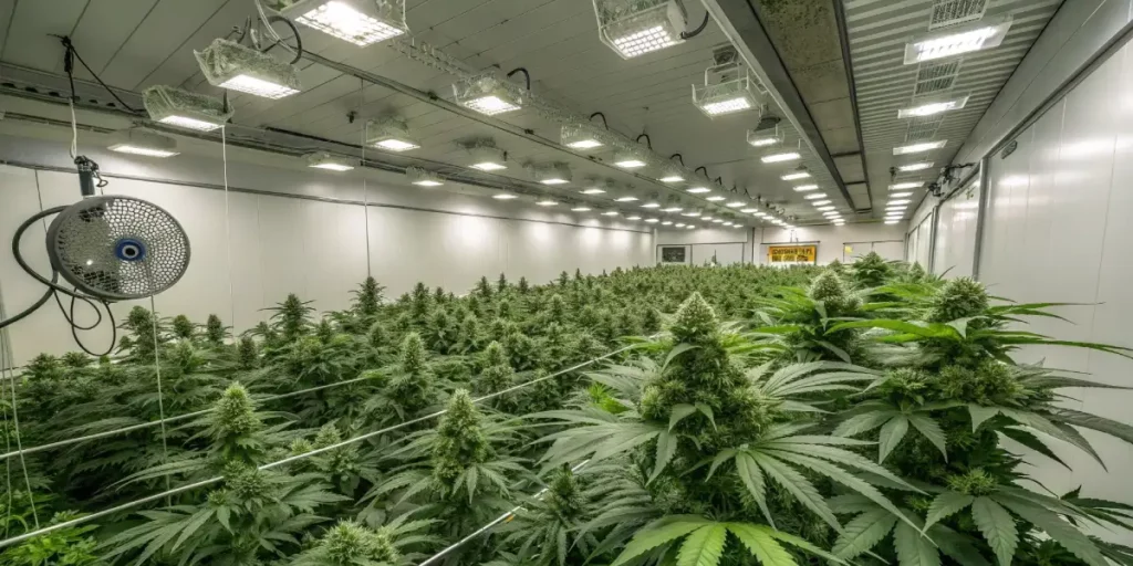 Cannabis plants in full bloom under a dense LED lighting grid