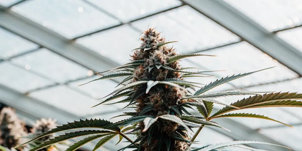Close-up of a cannabis bud maturing under a glass roof in a greenhouse