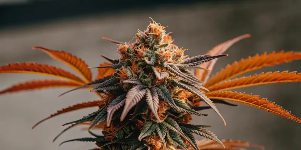 close-up of a cannabis bud with vibrant orange and purple leaves
