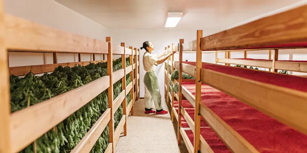 A novice gardener checking cannabis branches drying on racks in a well-lit room.