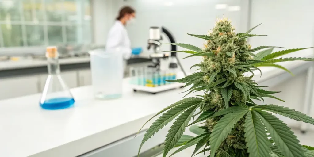 Cannabis flower on a lab table with scientific instruments and a blurred researcher in the background.