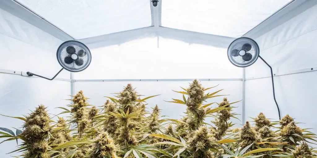 Flowering cannabis plants inside a white grow tent with dual ventilation fans.