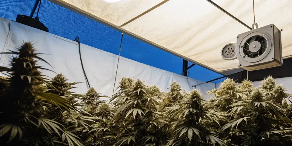 Cannabis flowers in full bloom under a ventilated grow tent with white and blue canopy.
