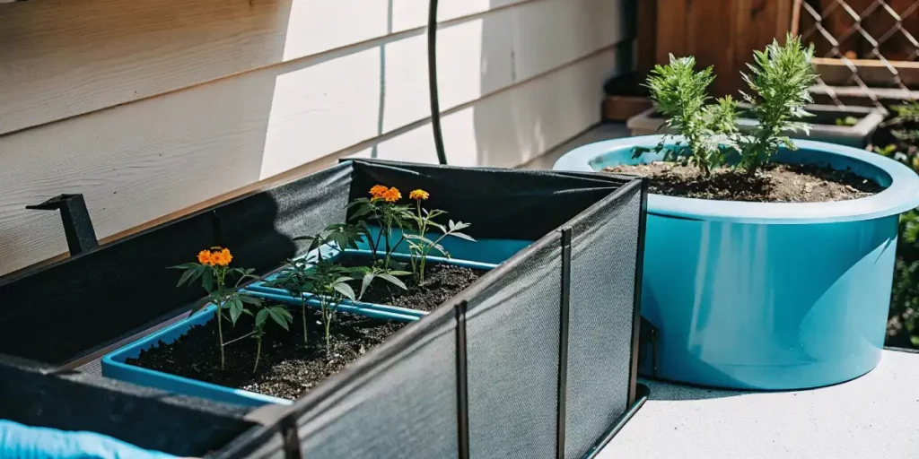 cannabis and companion plants growing in blue pots on patio