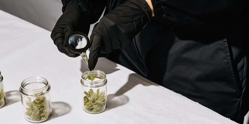technician inspecting cannabis buds in jars with magnifying glass