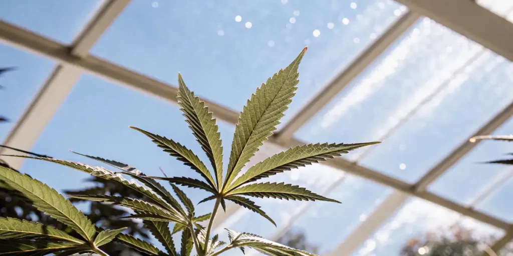 Marijuana leaf against a bright blue sky inside a sunny greenhouse.