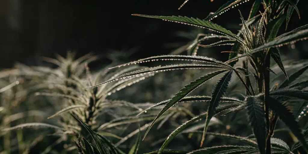 cannabis leaves glistening with early morning dew in soft light