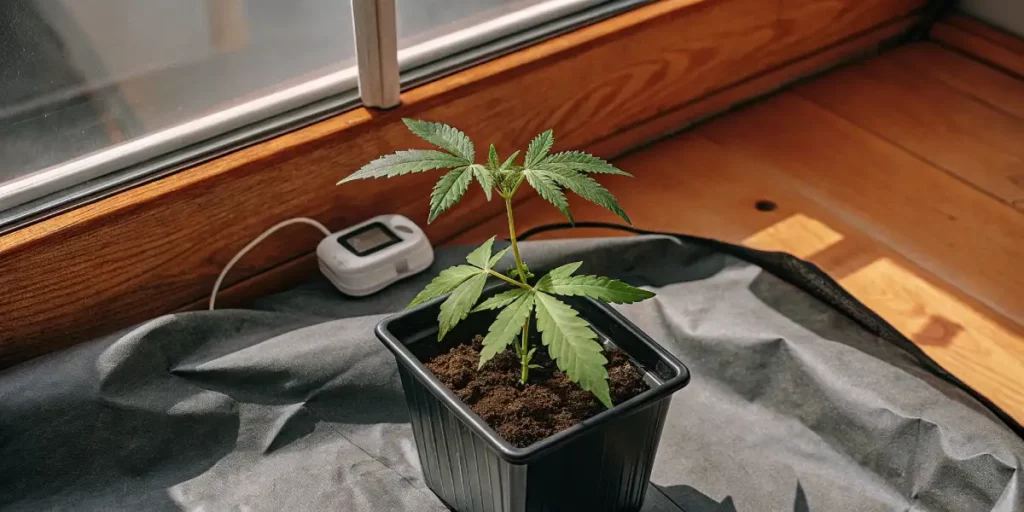 Cannabis plant in flowering stage with orange-tinted leaves and frosty buds